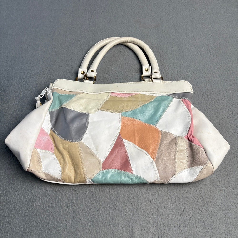 Vintage Multi Color Leather Patchwork Satchel Bag Pastel Boho Top Handle Purse